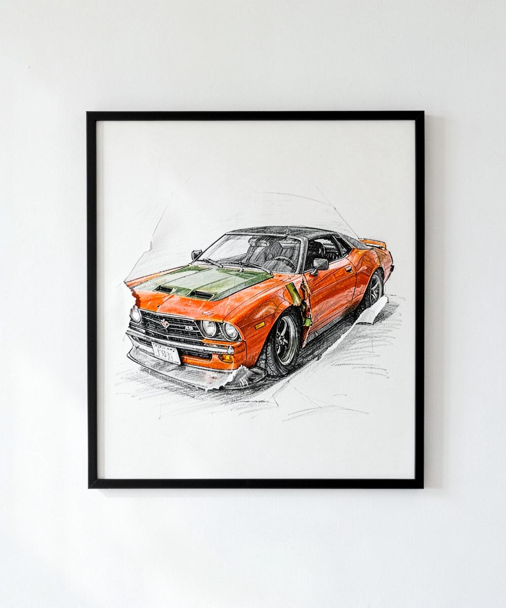 Framed custom car artwork on a gallery wall