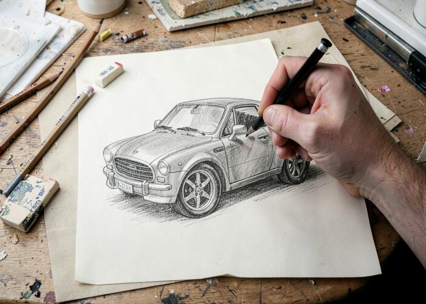 Artist finishing a car drawing in the studio